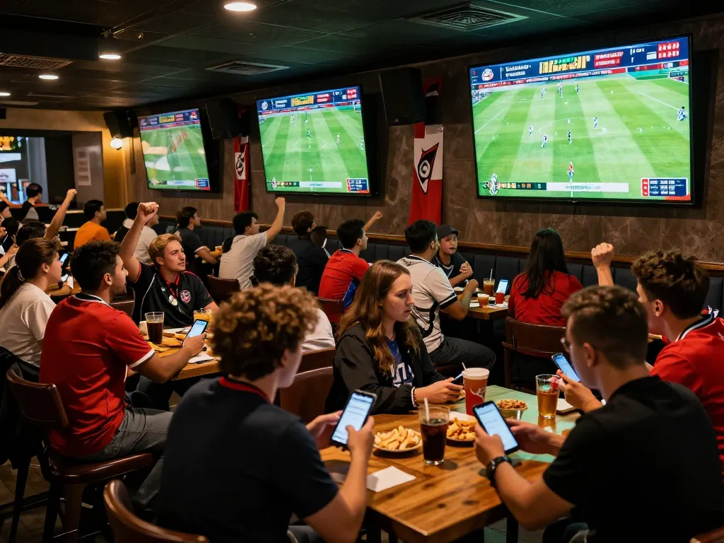 Kết quả bóng đá displayed on large screens in a vibrant sports bar, with fans engaging in an exciting betting atmosphere.