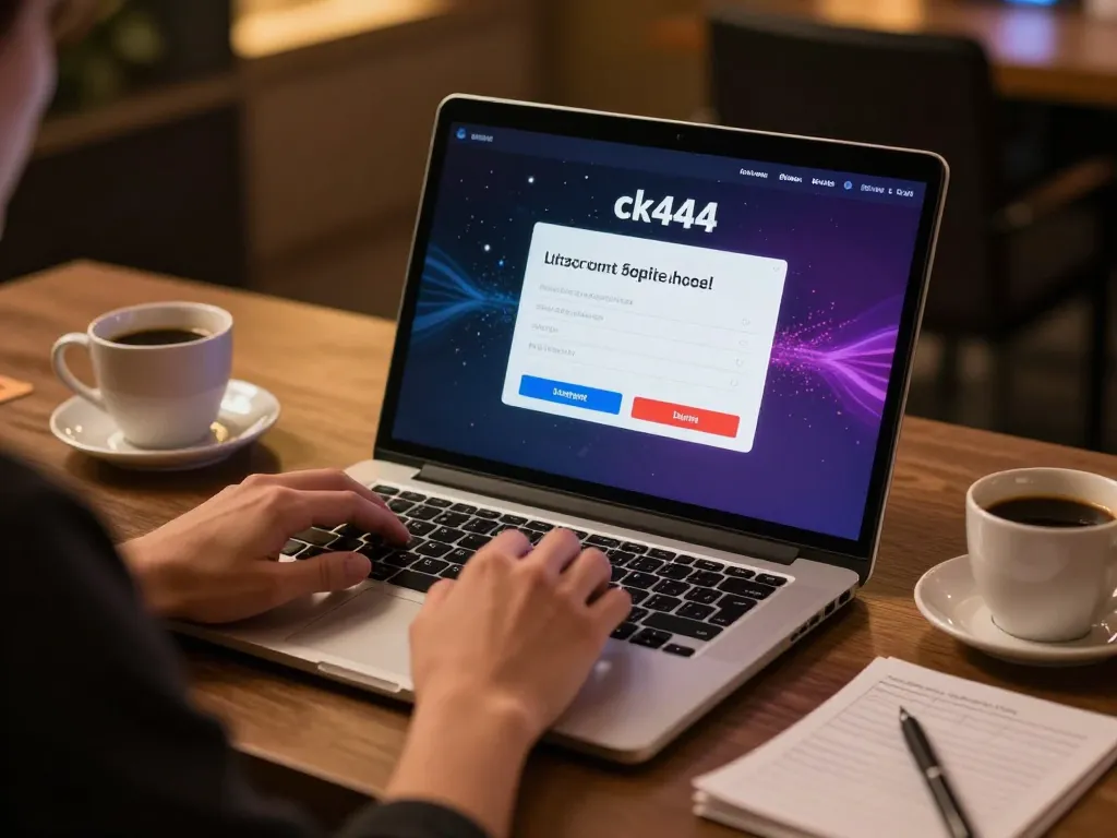 ck444 login screen displayed on a laptop during online casino gaming, cozy home ambiance
