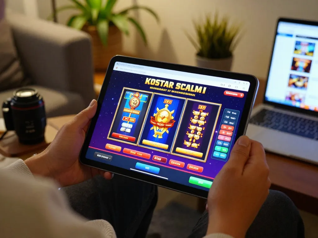 Engaging with online slots on a tablet at home, showcasing rr88's vibrant gaming options and responsible gambling.