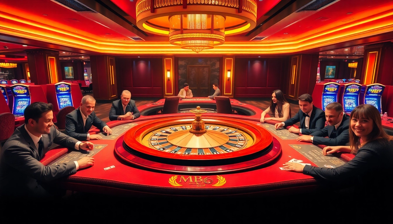 Players enjoying an exhilarating casino experience at MB66, celebrating wins at poker tables and roulette.