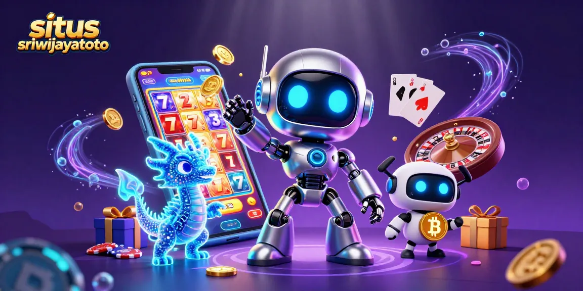 Situs sriwijayatoto showcases a dynamic scene with a cyberpunk robot and drone amid casino game elements.
