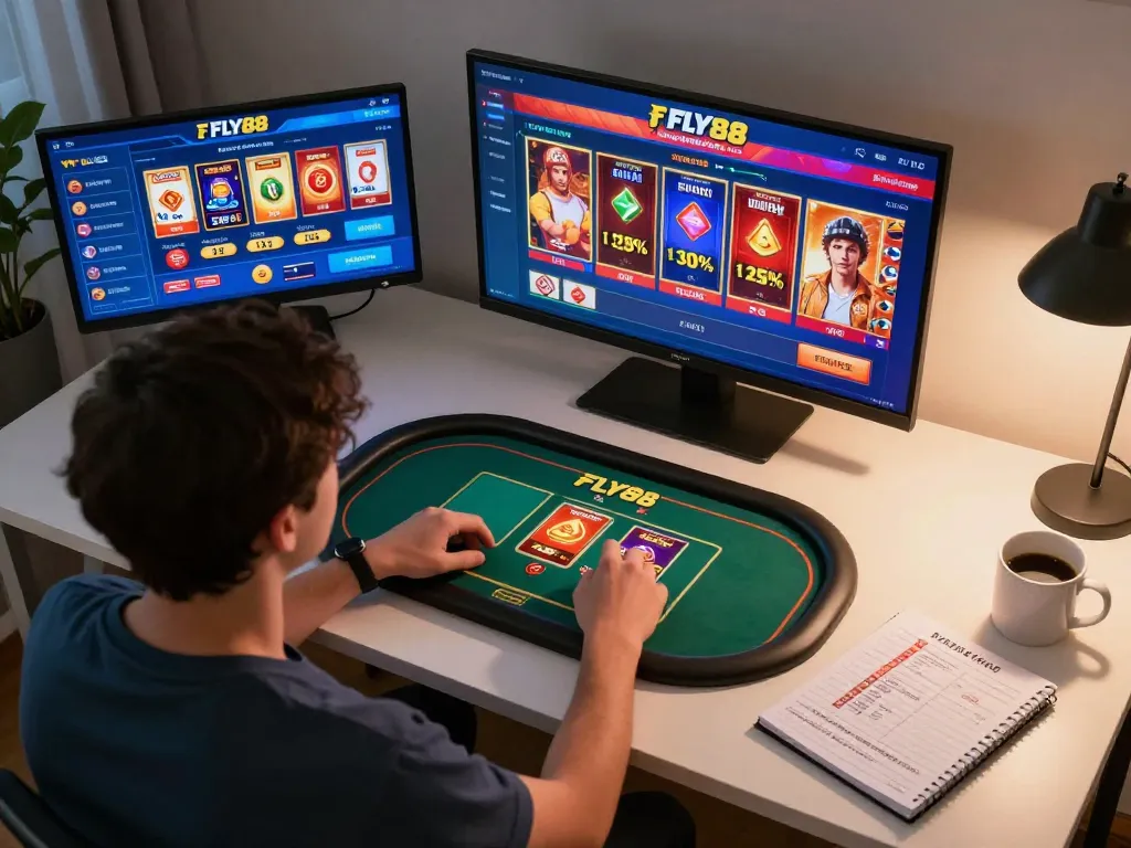 Engaged FLY88 player strategizing online slots in a cozy home office setup.