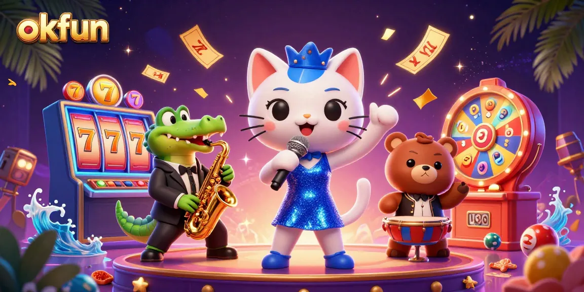 Spin the reels with okfun in this vibrant casino scene featuring lively characters and dynamic gaming elements.