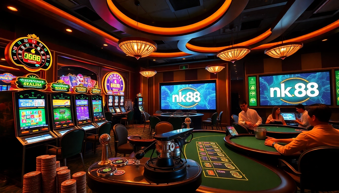 Exciting gambling scene highlighting nk88 with vibrant casino elements like roulette and poker.