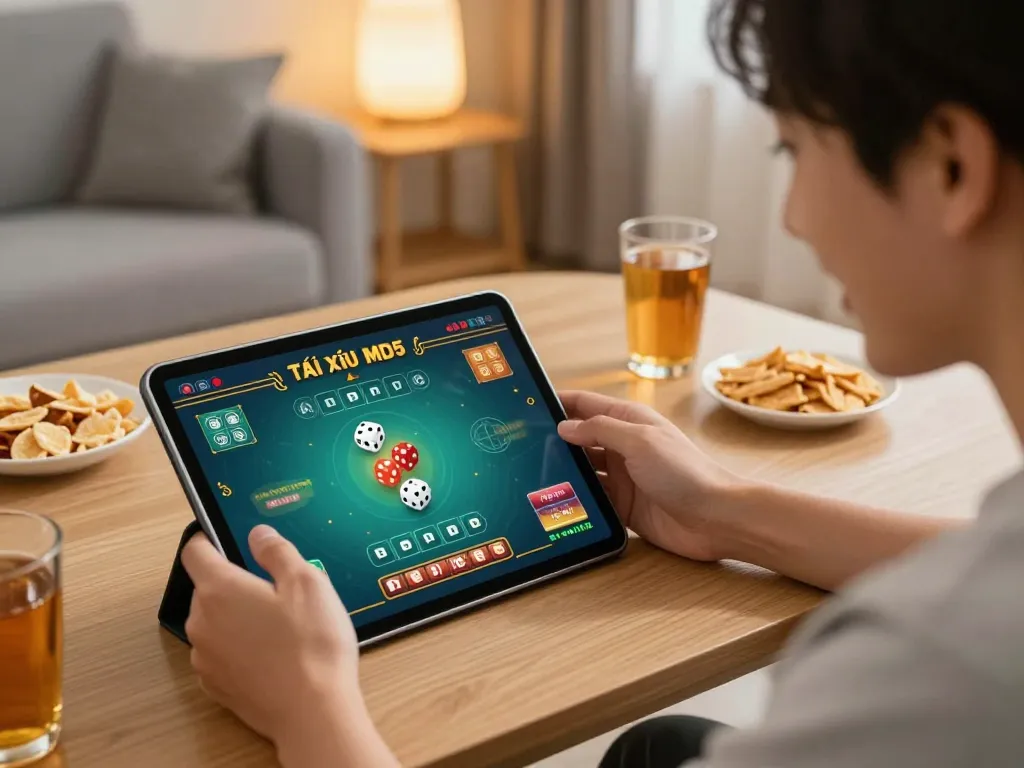 Tài xỉu md5 game being played on a tablet in a cozy home setup, showcasing excitement and engagement.