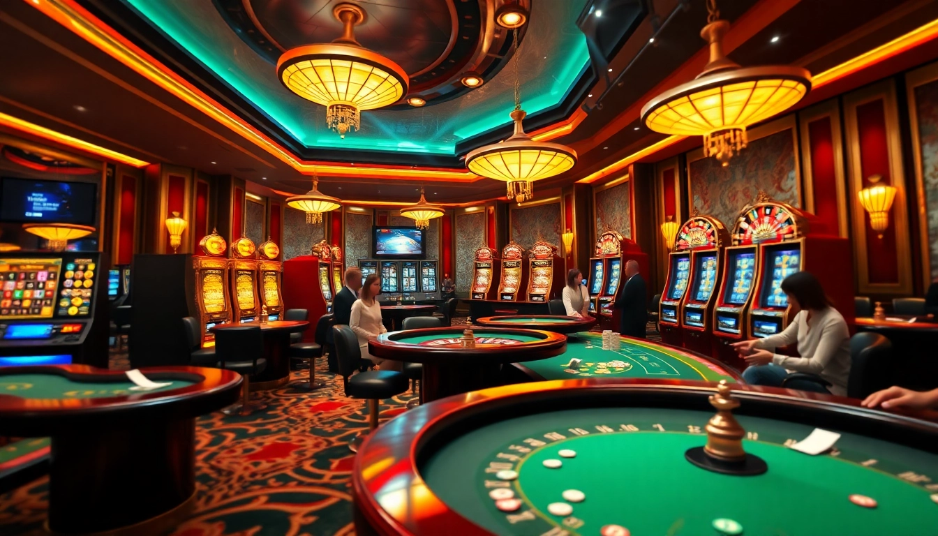Experience the excitement of Luckywin with vibrant casino visuals and engaged players at game tables.