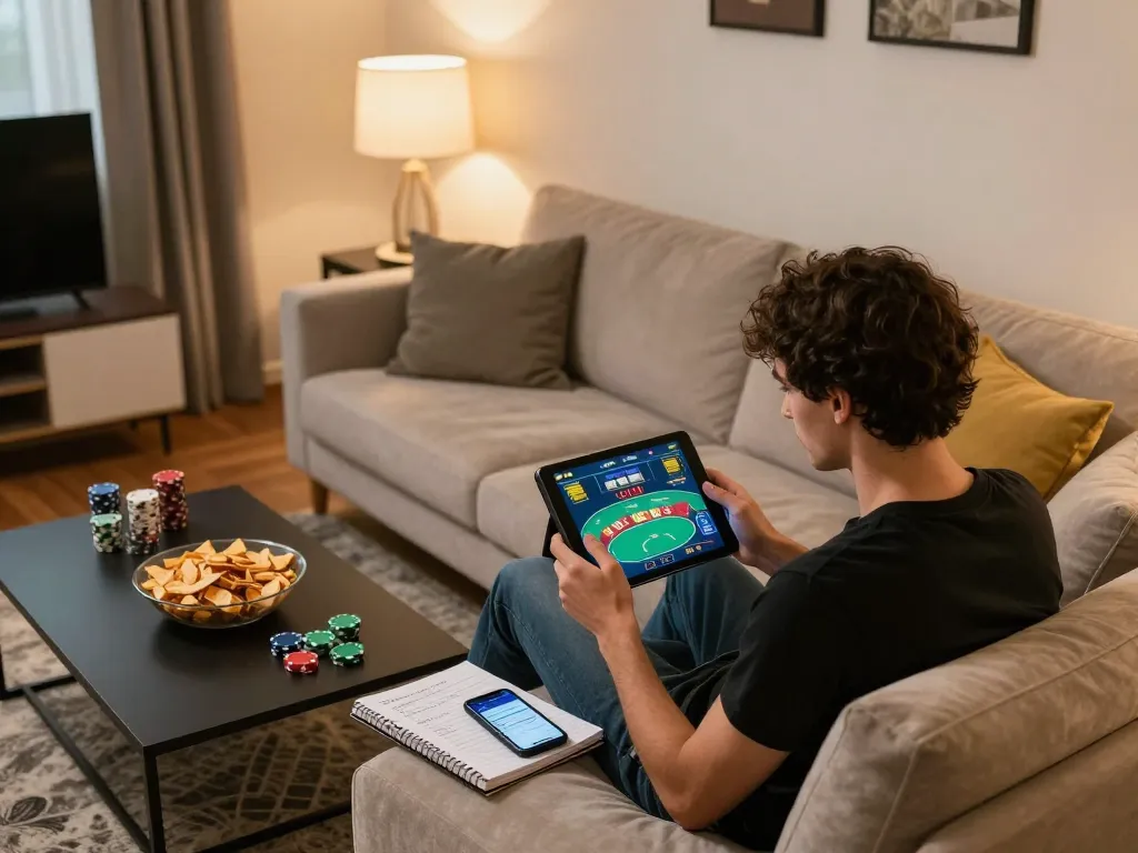 Engaged player enjoying AX88 poker game at home in a stylish interior, focused on strategy.