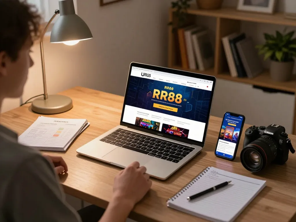 Person engaged with casino app at https://rr88.wales/, showcasing strategic online gaming setup at home