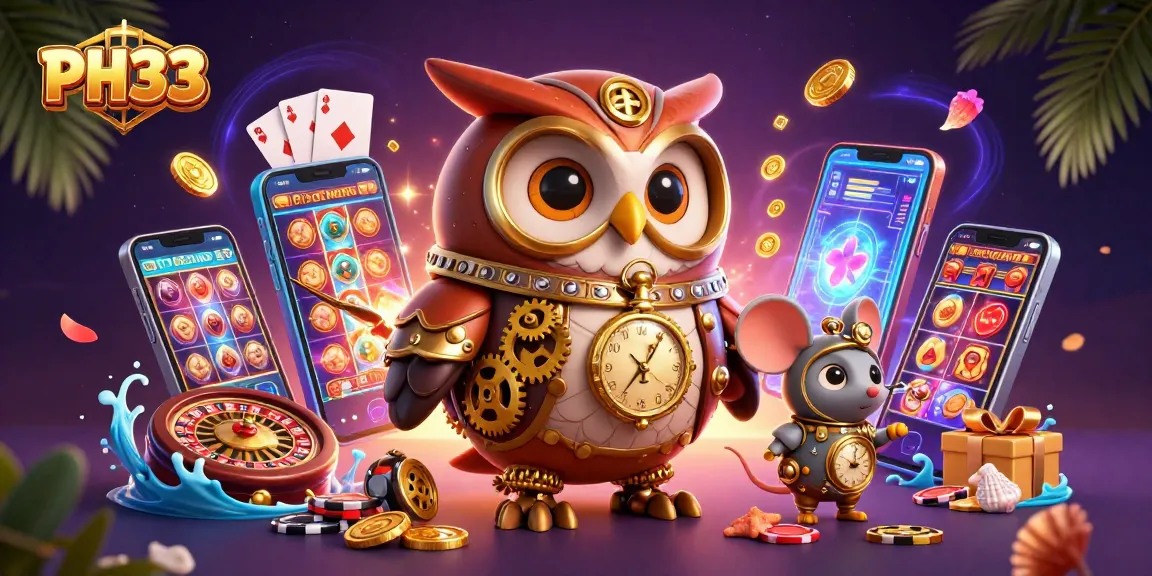 Experience fun and excitement with PH33's colorful slots and engaging games surrounded by vibrant casino elements.