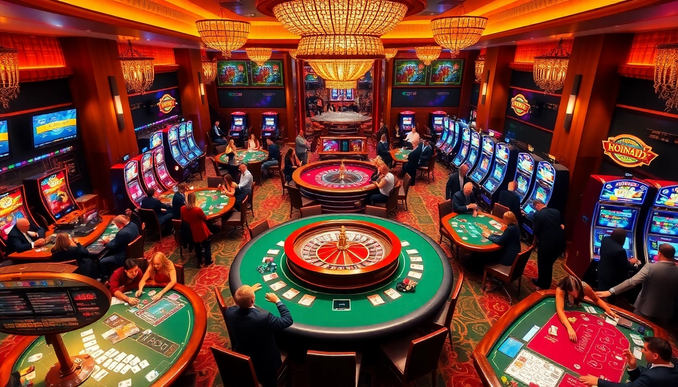 Kp88 casino scene with exciting poker tables, vibrant slot machines, and roulette wheel.