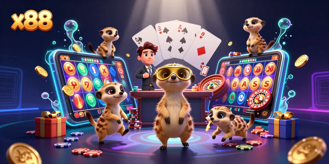 x88 captures the excitement of gaming with meerkats running an online casino in a vibrant, colorful scene.