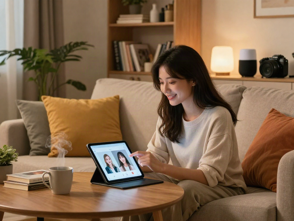Young woman enjoying quality time with her AI girlfriend application in a cozy living room.
