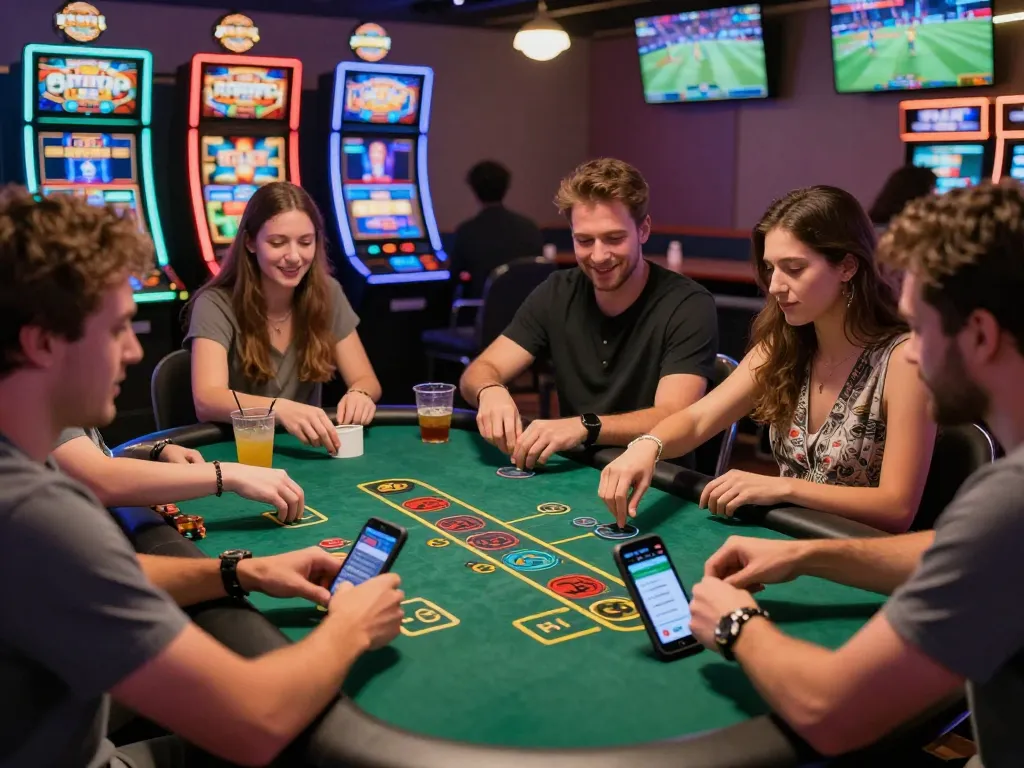 OPEN88 gaming scene with friends at a lively blackjack table in a vibrant casino atmosphere.