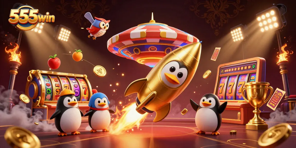 Experience the thrilling adventure of 555win with a golden penguin in a dynamic casino universe, showcasing slot game elements.