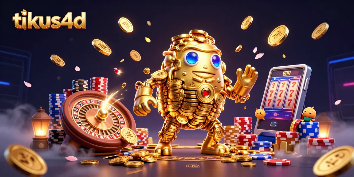 Experience tikus4d with a dynamic 3D illustration showcasing golden golems and casino elements.