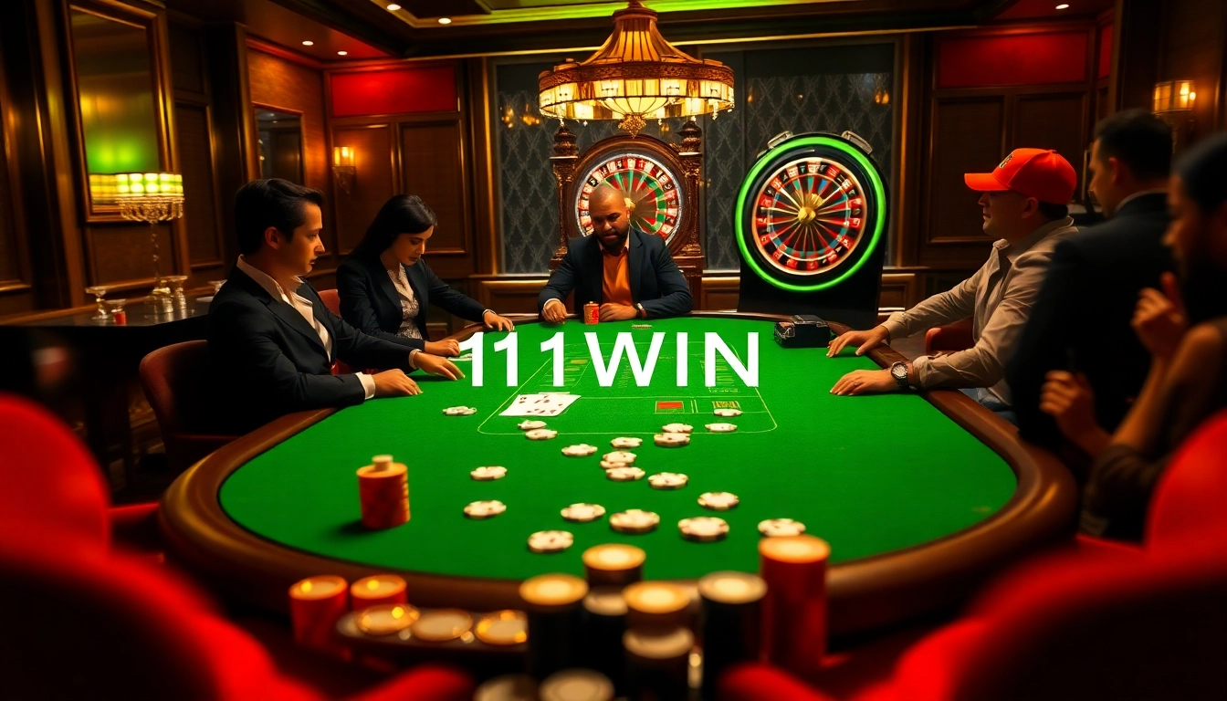 Experience the thrill of winning at 11WIN with a vibrant poker table and spinning roulette.