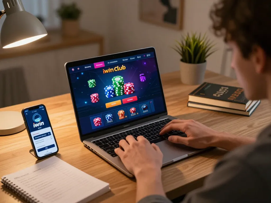 The iwin club setup reveals a person strategizing with a laptop and smartphone, surrounded by a warm home atmosphere.