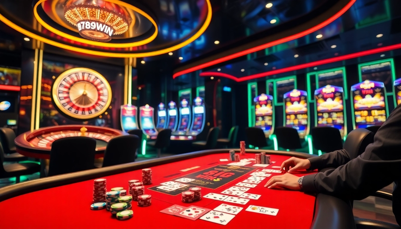 Experience the thrill of gambling at 789win with an exciting casino scene showcasing poker and roulette.