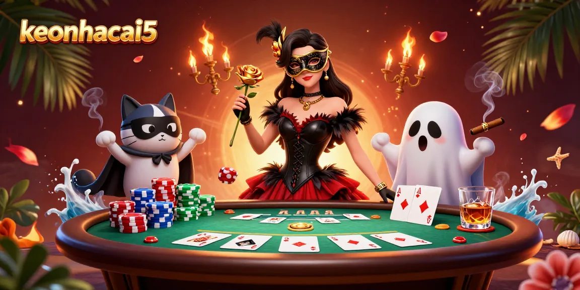 Bet on keonhacai5 with thrilling poker scenes featuring vibrant gaming elements and a masked woman.
