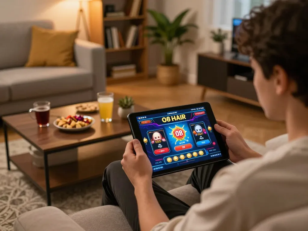 Person using O8 HAIR online casino tablet interface, displaying strategic gameplay and cozy atmosphere