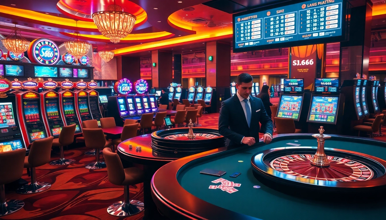 Engaging atmosphere at S666 casino with vibrant slot machines and professional dealers.
