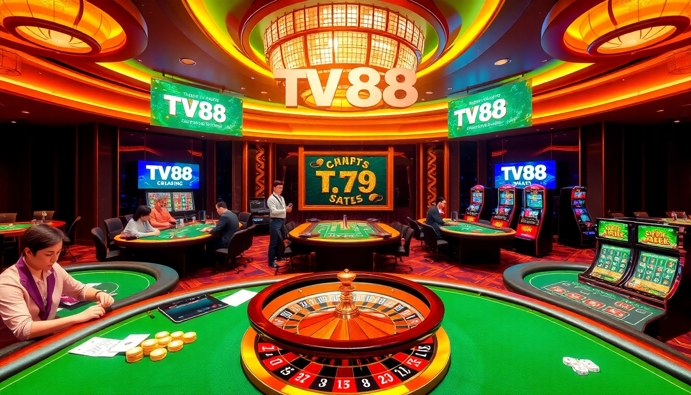 Casino atmosphere with players at tables and slot machines featuring TV88 promotions.