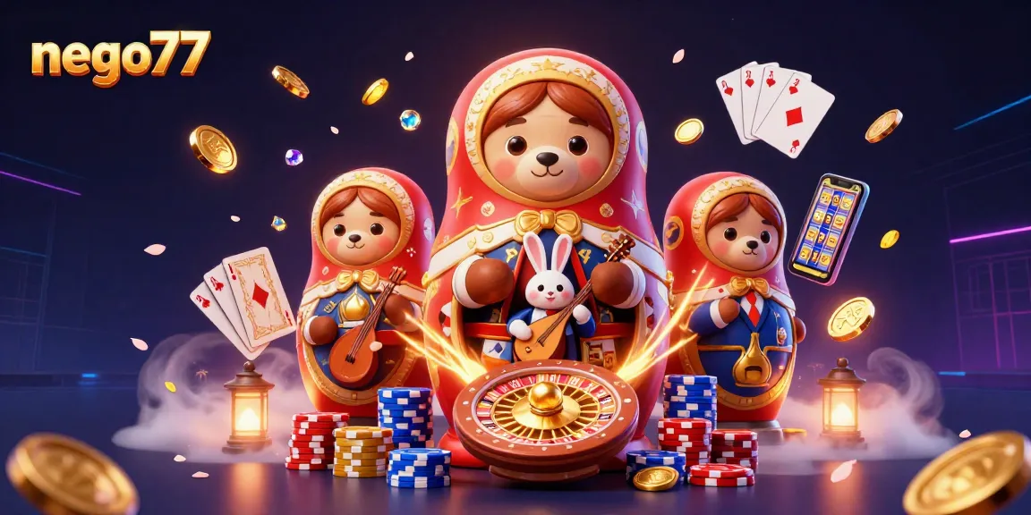 Play casino games on nego77 featuring vibrant 3D characters, dazzling gems, and golden coins.