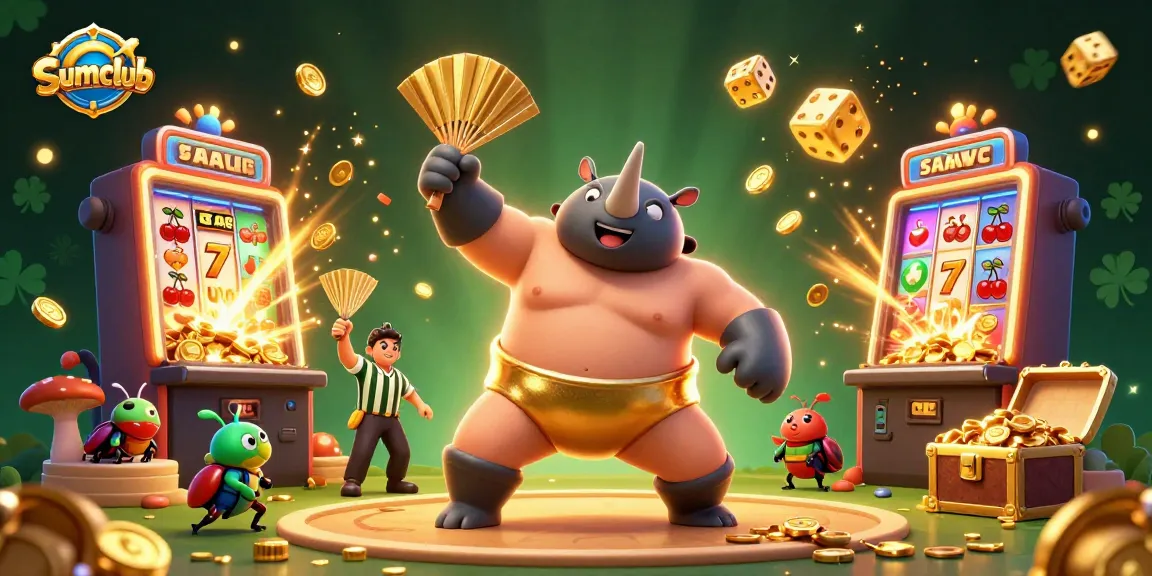 Sumclub players enjoy a thrilling jackpot experience with a sumo champion beetle amidst coins and casino games.