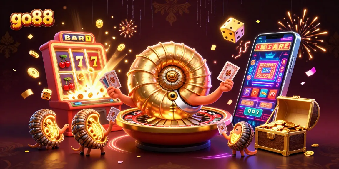 Win big with go88 at the colorful online casino, featuring a stunning 3D illustration of games and jackpots.