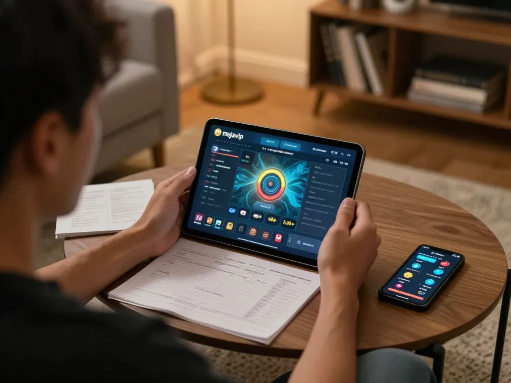 Terlibat dalam permainan mejavip togel online di tablet dalam suasana ruang tamu yang nyaman.