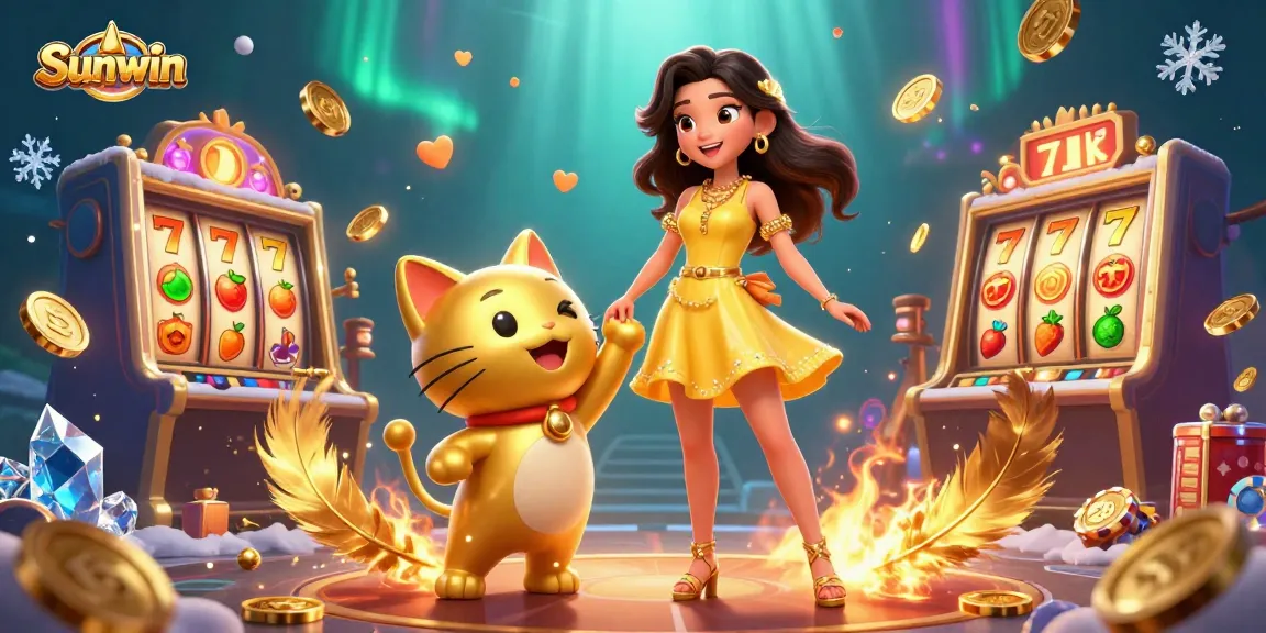 Experience thrilling slots at Sunwin while enjoying a heartwarming interaction with a lucky cat.
