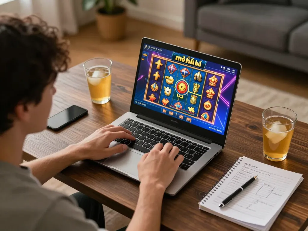 Nổ hũ gaming session at home, player enjoying dynamic online slots on laptop with beverage nearby.