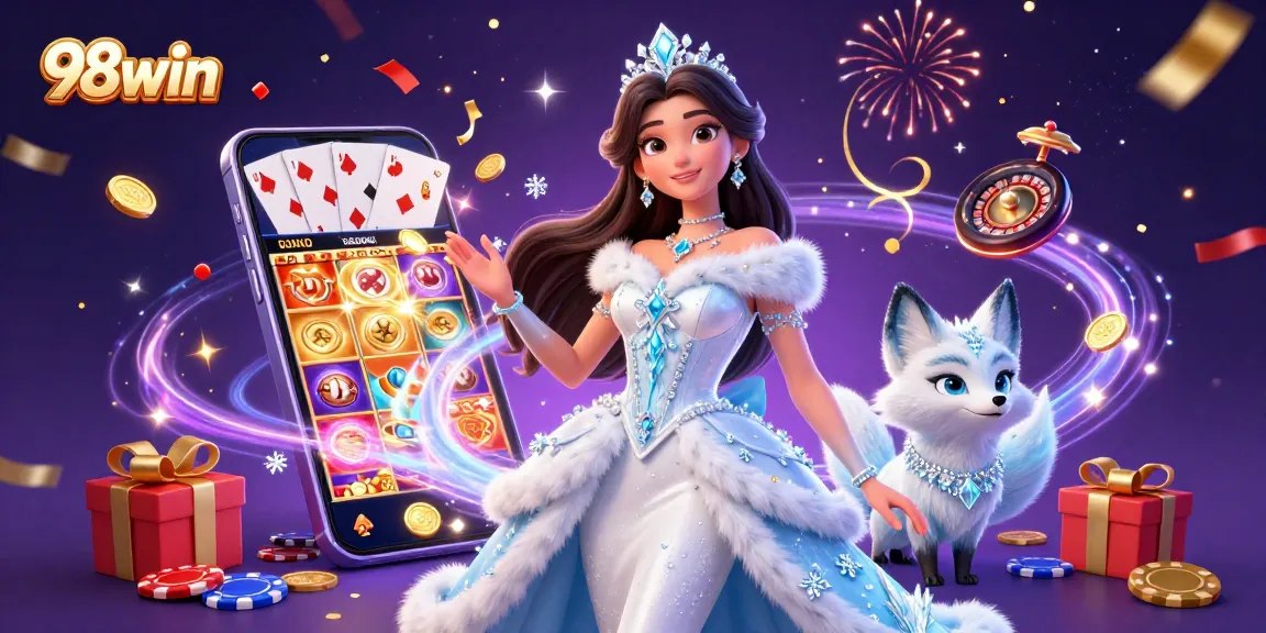 Experience thrilling gameplay at 98win with a dazzling 3D casino scene showcasing vibrant slots and rewards.
