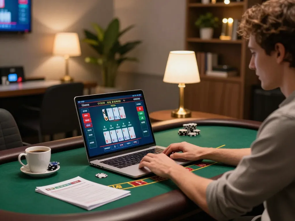 Player engaging in online blackjack at gk88, with strategy notes and laptop on display