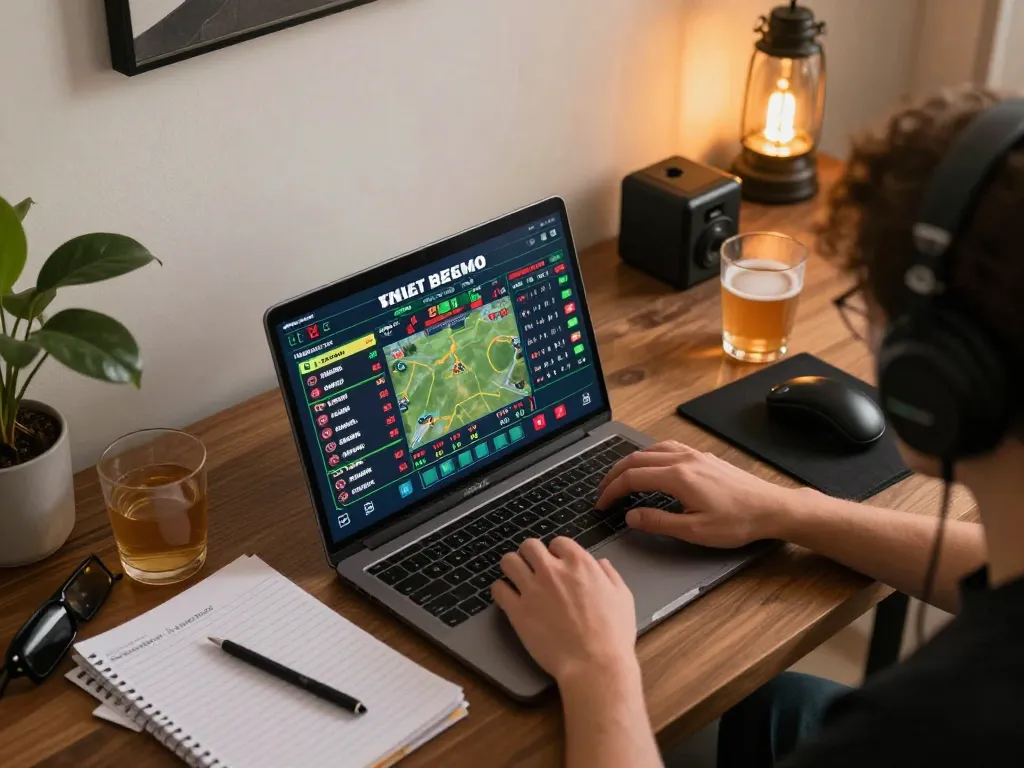 Engage in debet sports betting in a modern home office with a laptop display of betting odds.