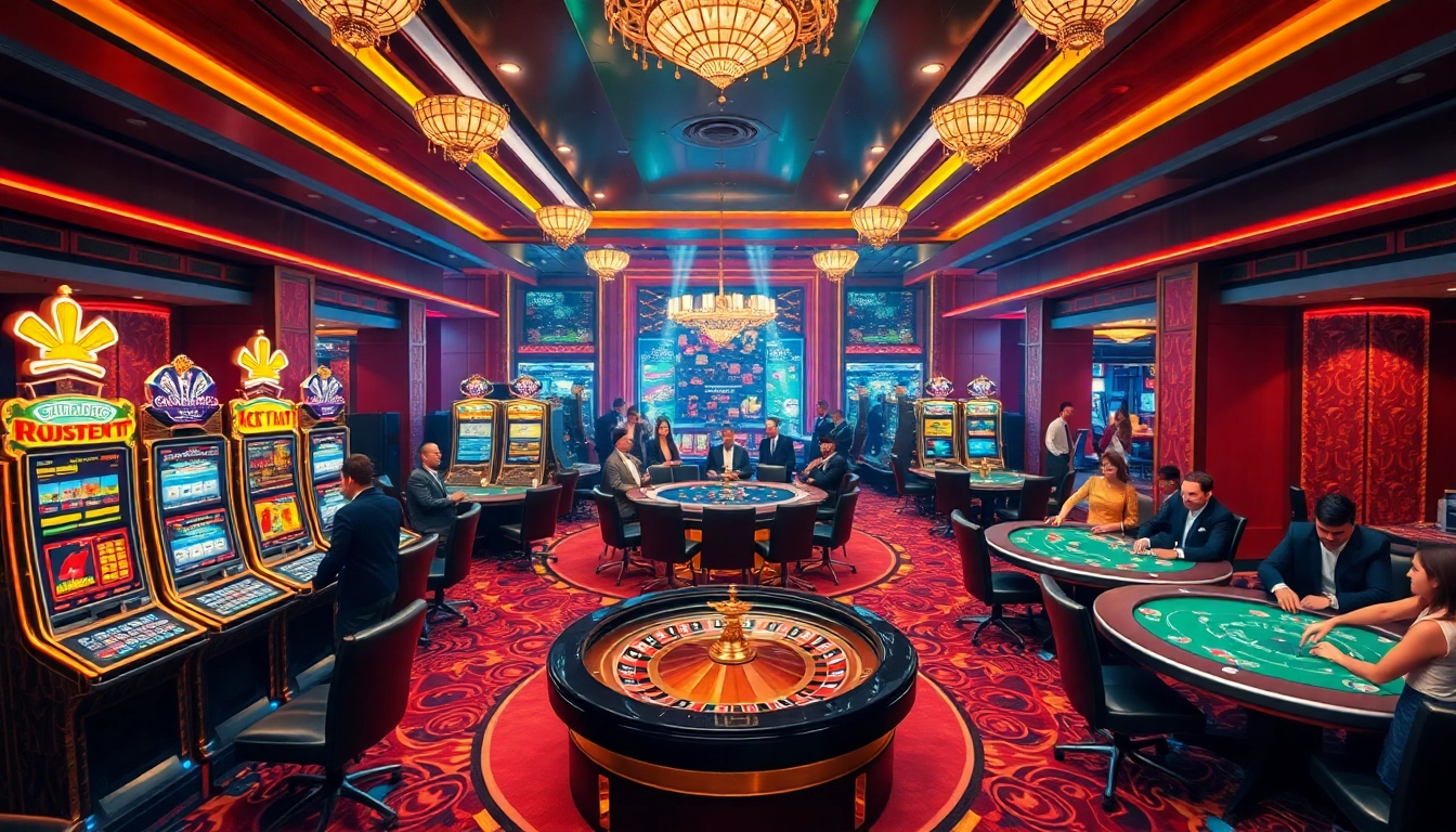 Experience thrilling gameplay with sunwin casino tables filled with excited players and shining slot machines.