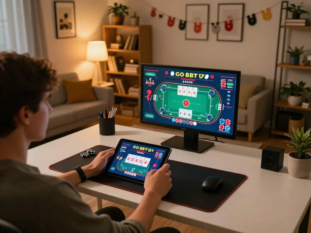 Engaging home gaming scene with player enjoying Go 88 poker on a tablet, cozy atmosphere