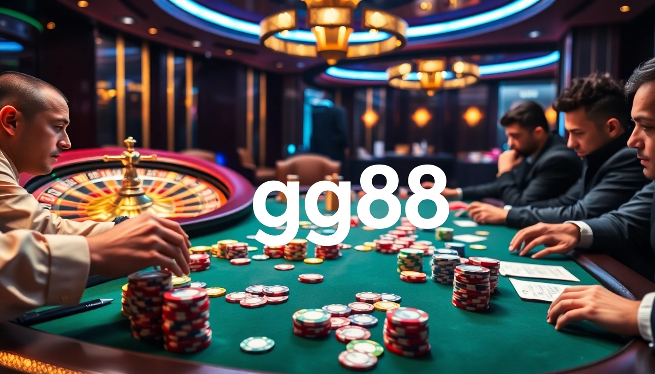 Players engaging at a poker table showcasing gg88 chips and cards in a vibrant casino.