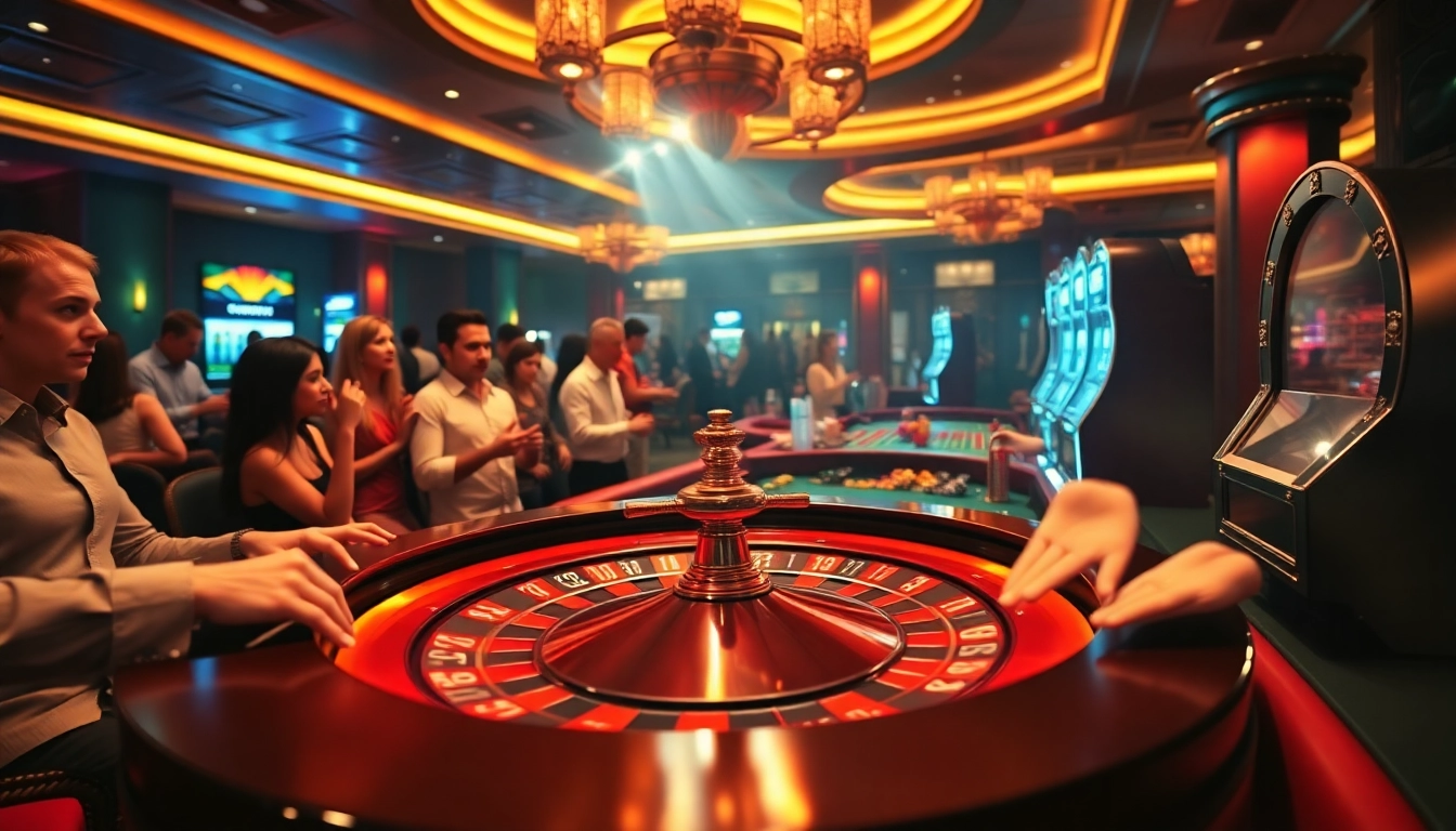 Exciting casino scene with players at a roulette table, highlighting the thrill of KQXS gambling.