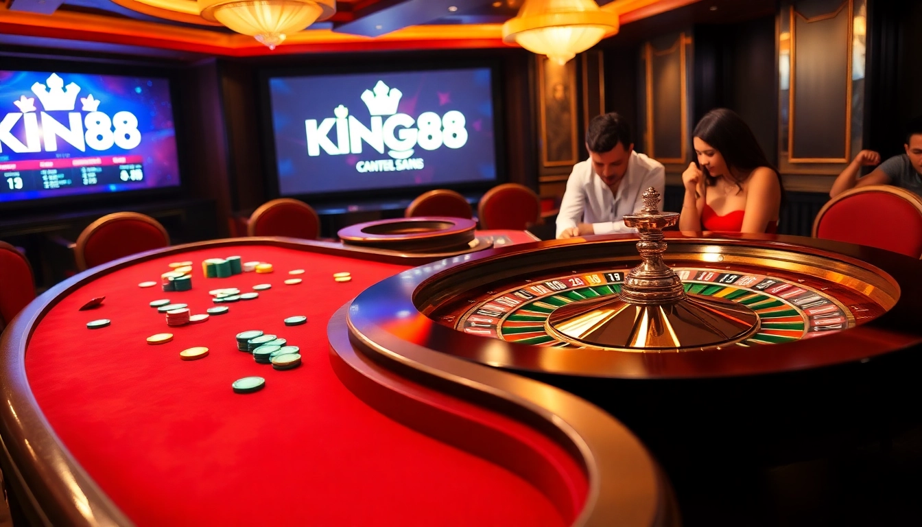 Win big at King88 while playing on a vibrant casino table filled with poker chips and cards.