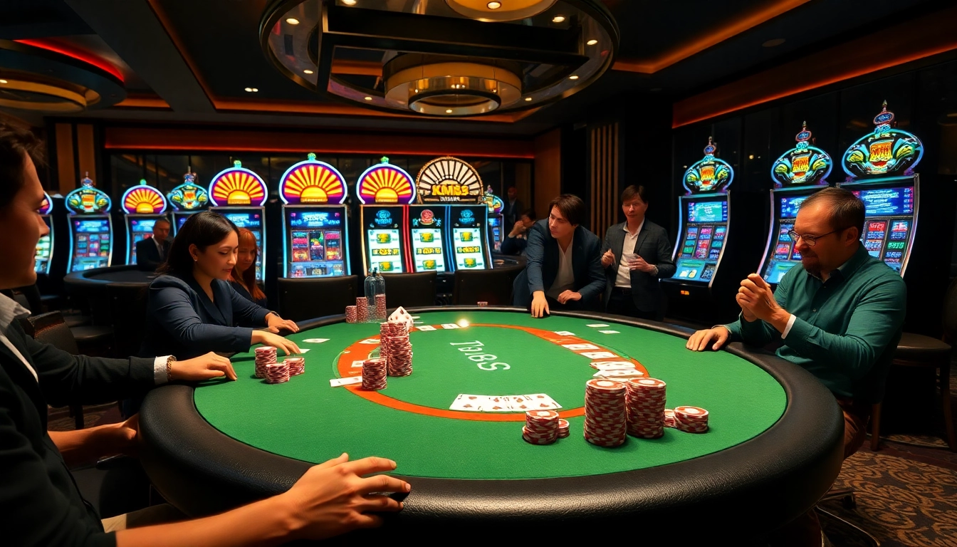 Players enjoy an exciting KM88 poker game at a luxurious casino table with vibrant chips and cards.