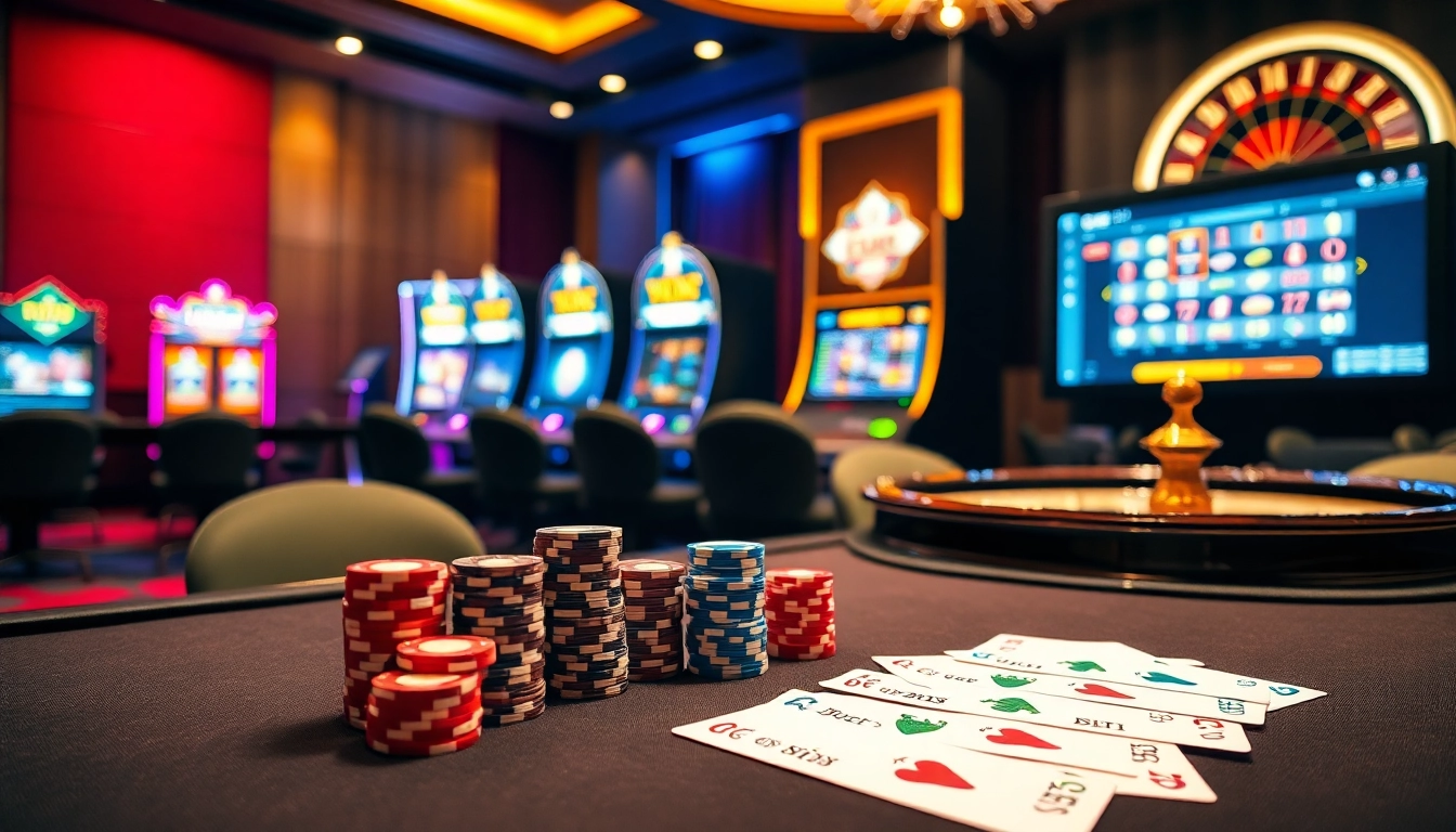 Experience the thrill of RR88 with an elegant casino scene featuring poker games and vibrant slot machines.