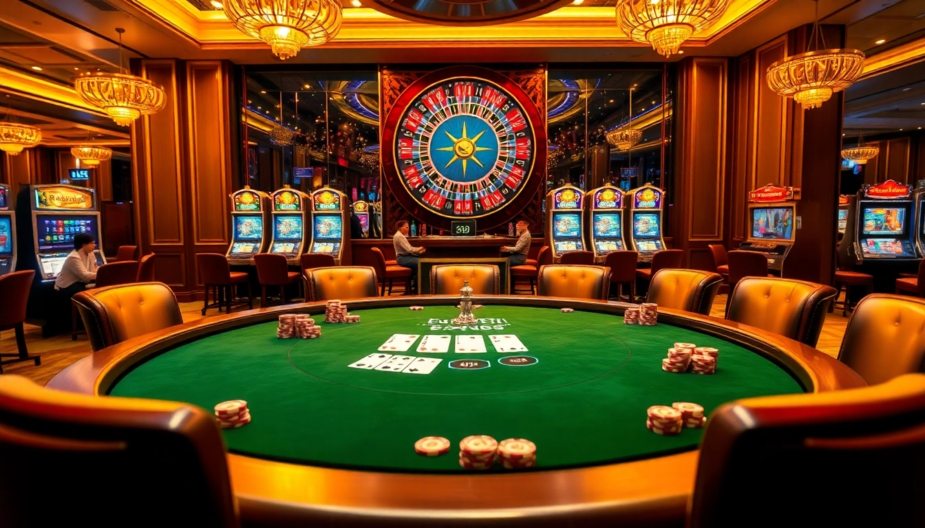 Experience the excitement of ee88 at a luxurious casino with vibrant poker, roulette, and slot scenes.