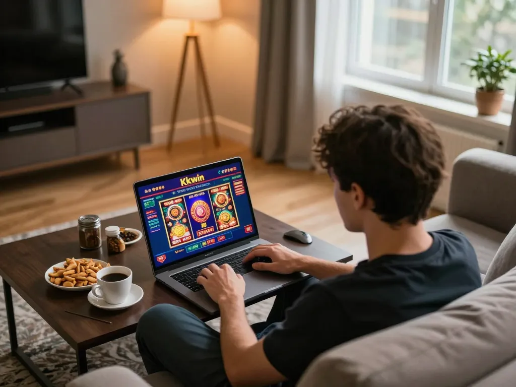 Player exploring Kkwin's interactive online casino from a cozy living room setup