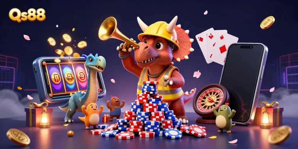 Qs88 showcases an energetic illustration with a triceratops and casino elements celebrating game wins.