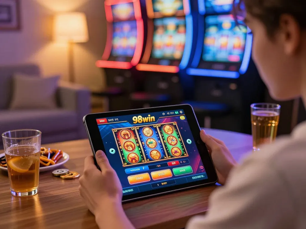 Engaging gameplay on 98win casino tablet with cozy setup and strategic focus.