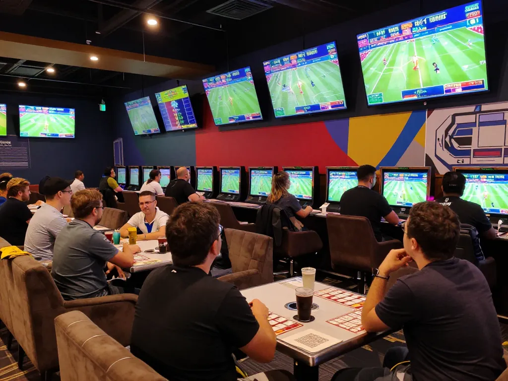 sin88 bettors placing wagers in vibrant sports betting atmosphere with live games