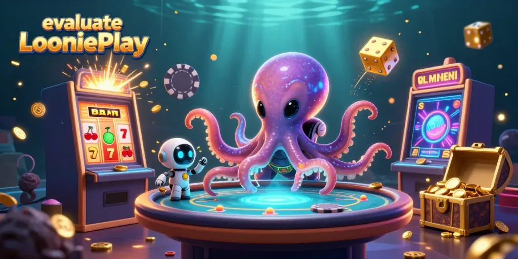 Evaluate LooniePlay in an exciting alien casino scene filled with vibrant games and action.