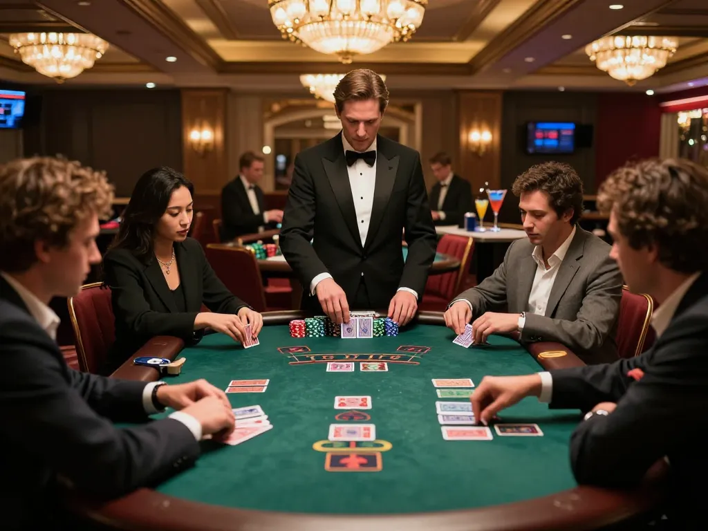 Bay789 players enjoying an intense blackjack game in a luxurious casino setting with stylish interiors