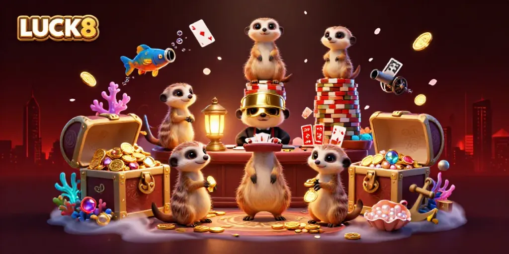 Engage in thrilling games at LUCK8 with meerkats managing a vibrant casino scene filled with cards, chips, and underwater treasures.